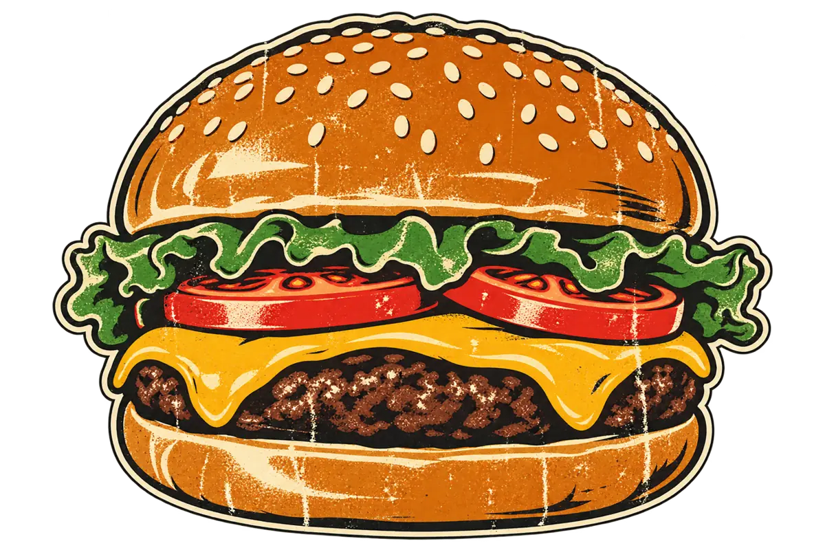 Retro illustrated cheeseburger with transparent background