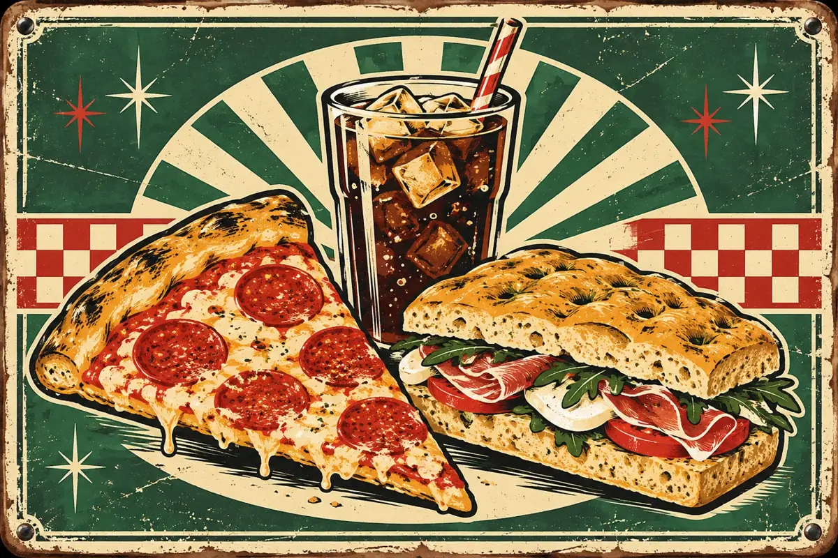 Illustrated food on a red checkerboard diner table