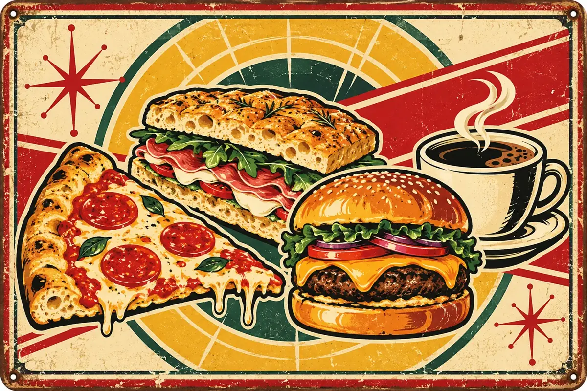 Vintage cafe advertising poster of pizza, burger and focaccia