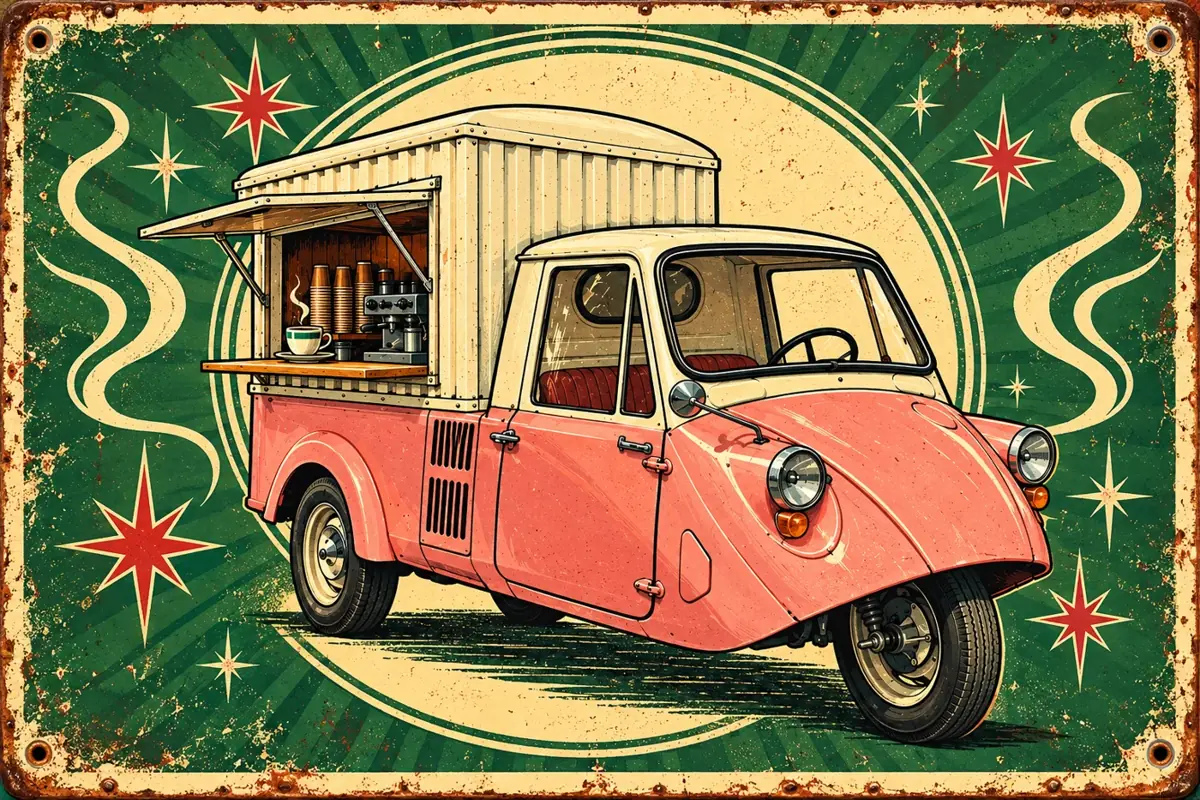 Illustration of The coffee three-wheeler